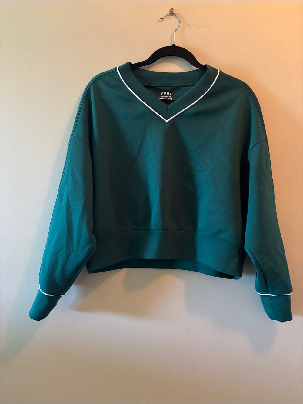 YPB Teal V-Neck Cropped Sweatshirt with White Piping